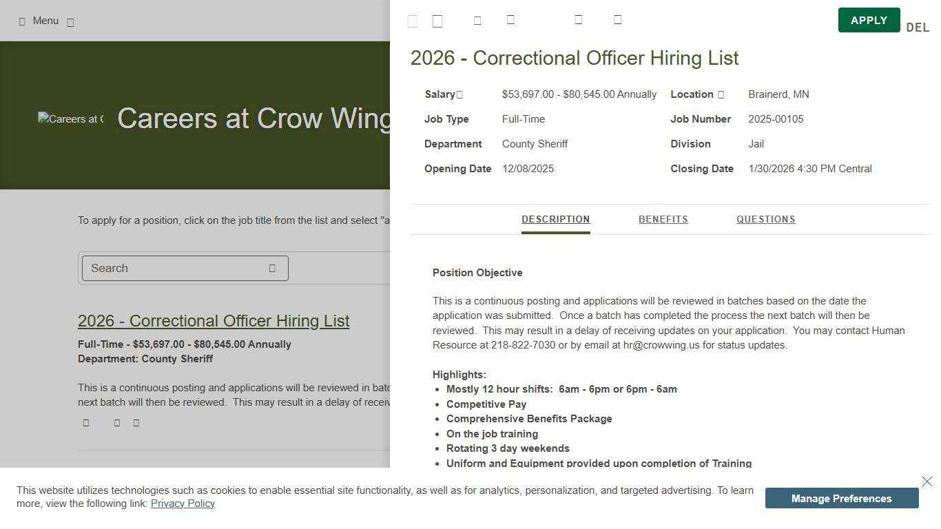 2026 - Correctional Officer Hiring List | Job Details tab | Career Pages
